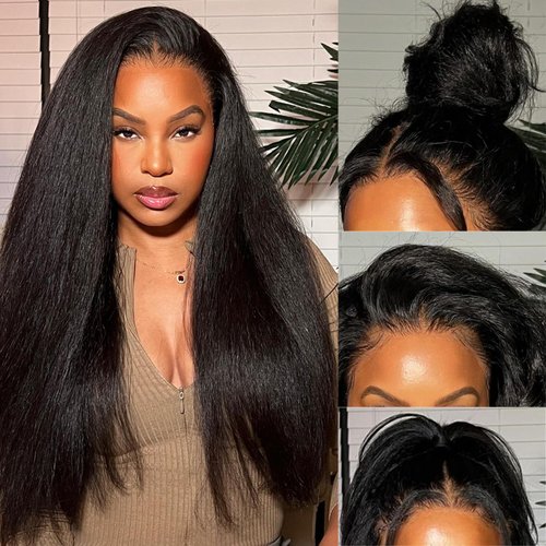 hogu 360 Lace Front Wigs Human Hair Kinky Straight Human Hair Wig 200 Density HD Lace Front Wigs Human Hair 360 Wig Human Hair Full Lace Kinky Straight Wig (24inch)