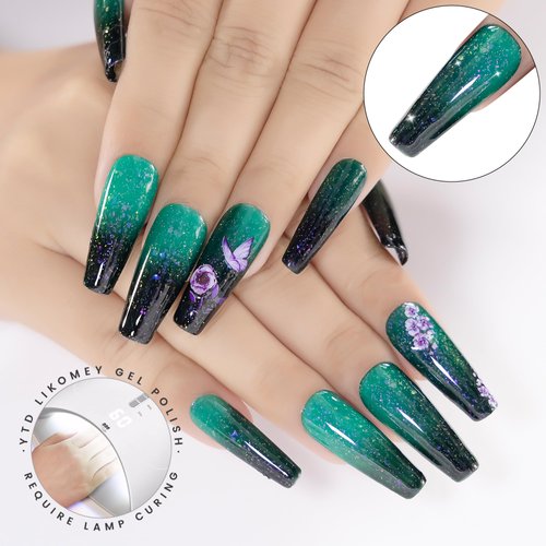YTD Likomey Brocade Glitter Color Changing Gel Nail Polish,15ml Bright Green To Dark Green Shimmer Glitter Mood Temperature Change Colors Iridescent Flakes,Ombre Thermal Gift,WB349