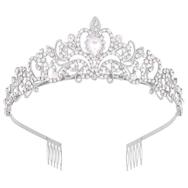 Vofler Crystal Tiara Crown Silver Headband Headpiece Rhinestone Hair Jewelry Decor for Women Ladies Little Girls Bridal Bride Princess Birthday Wedding Pageant Prom Halloween Costume Party with Combs