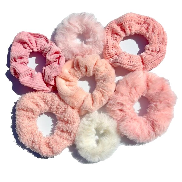 Generic Plush Scrunchie Set, 7 Pcs, Pom Pom Hair Accessories, Soft Velvet Hair Bands, Hair Ties & Scrunchies Holder, Stylish & Versatile (pink)