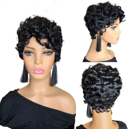 Sumcas Curly Pixie Cut Wig Human Hair Wigs for Black Women Human Hair Short Bob Wig with Bangs Wavy None Lace Front Wig Full Glueless Machine Made Wig 1B Color