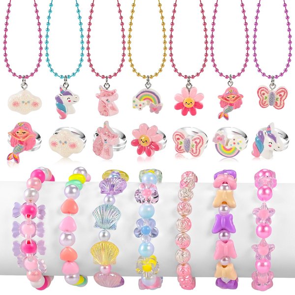 Faburo 21pcs Kids Jewelry for Girls -7 Necklaces, 7 Rings, 7 Bracelets, Little Girls Jewelry Kids Mermaid Necklace Rings for girls, Toddler Jewelry Necklace Birthday Christmas Gift Age 3 4 6 8