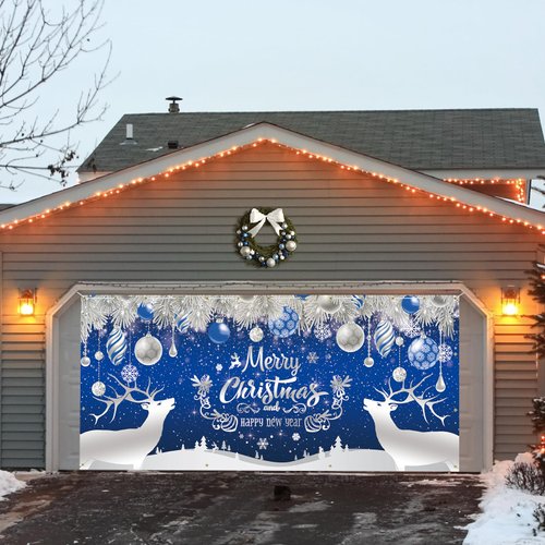 Trgowaul Christmas Garage Door Decorations, Blue Snowflake Holiday Large Christmas Garage Door Cover, Xmas Garage Door Banner, Happy New Year Outdoor Garage Party Supply Photography Background 7x16ft