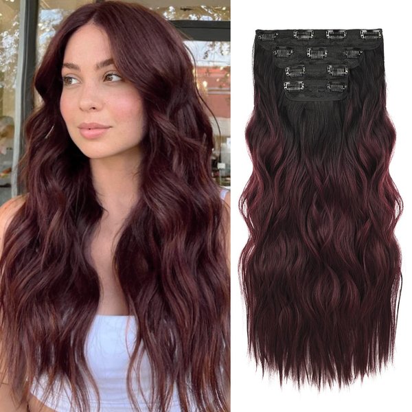 REECHO Hair Extensions, 4PCS Clip in Hair Extensions HE001 Natural Soft Synthetic Hairpieces for Women, Black to Burgundy Ombre