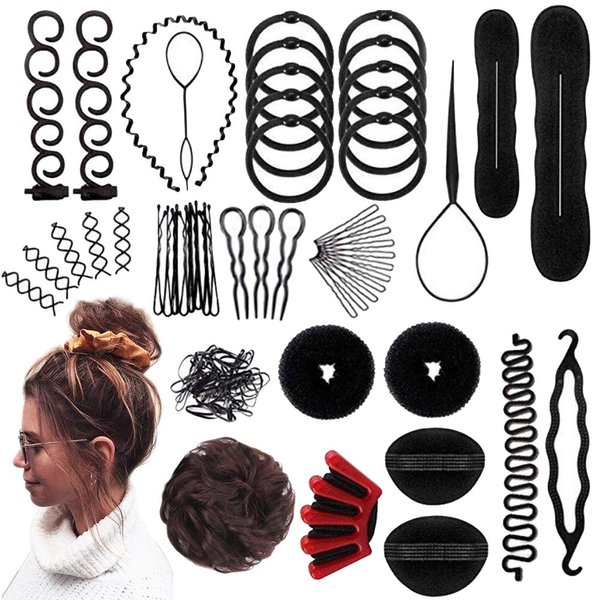 Moor 73 pcs Hair Braiding Tool with Brown Hair Wig Bun, Hair Styling Tools Accessories Hair Magic Bun Maker Hair Bun Donut Hair Bobby Pins and Elastic Bands Kit for Women Kids