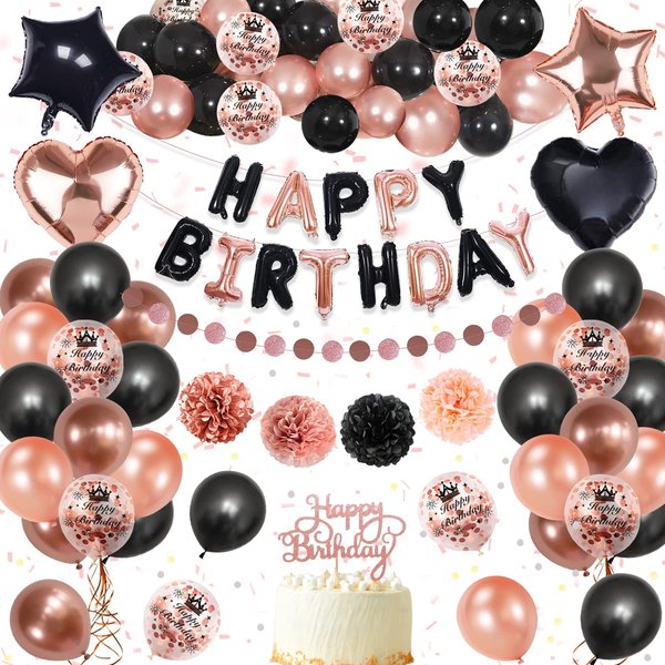 Birthday Decorations Rose Gold Black, ‎KISPATTI 51 Pieces Rose Gold Black Birthday kit with Happy birthday Foil Confetti Balloons, Birthday Party Decorations Supplies for Women Girls 21 30 40 50 70 th
