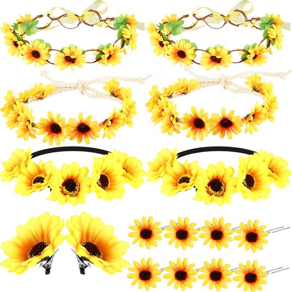 16 Pieces Sunflower Hair Accessories Sunflower Crown Including 6 Pieces Sunflower Headbands, 2 Pieces Sunflower Hair Clips, 8 Pieces Sunflower Hairpins for Women and Girls