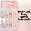 BABALAL Coffin Press on Nails Long Fake Nails White French Tip Glue on Nails Rhinestone Flower Acrylic Nails Ballerina Stick on Nails for Women and Girls