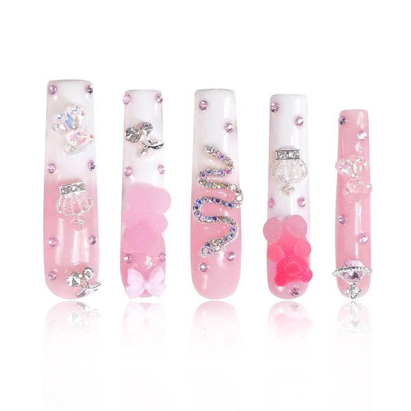 LOVFUL Press on Nails Marshmallo Gummy Bear Square | Luxury Diamond Pink Cotton Candy Nails| Pink Nails| Square Nails | 2.16in Long Square | H26(S)
