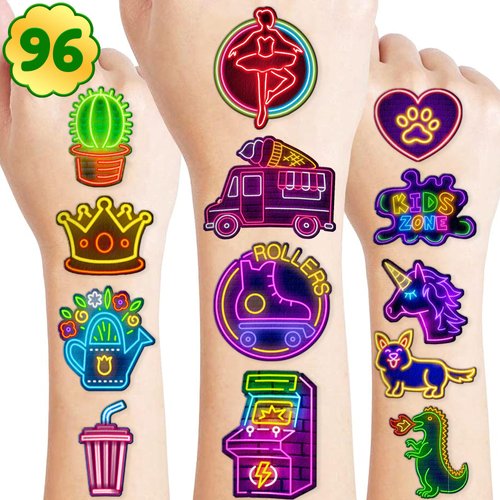 96 PCS Cool Glow Neon Light Temporary Tattoos Themed Birthday Party Favors Decorations Supplies Cute BlackLight Tattoo Stickers Gifts For Kids Boys Girls Prizes Carnival Christmas Holiday Halloween