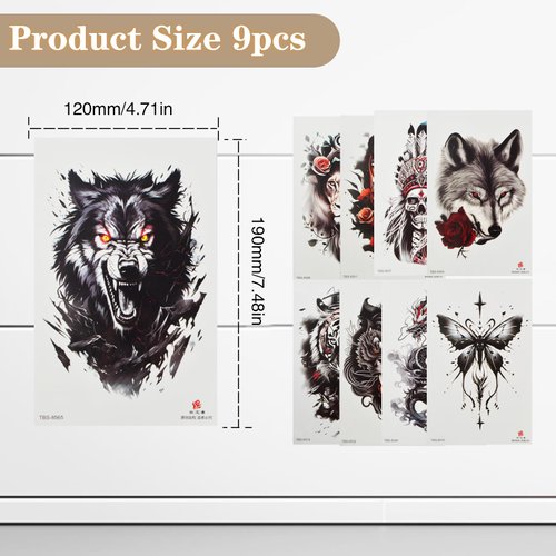 9 Sheets Temporary Tattoos, Half Arm Chest Wild Beast Animal Lion Cat Owl Parrot Fake Tattoo Stickers Realistic Body Semi Permanent Temporary Tattoos for Adults Teens, 9 Styles