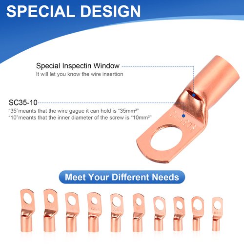 Copper Wire Lugs,Terminal Connectors,Used on AWG12-10 8 6 4 2 Cable,Heat Shrink Set,Bare Copper Eyelets,Ring Terminals Connectors (260PCS)