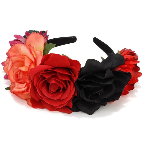 Atoden Flower Crown Day of the Dead Rose Headbands Floral Crown Mexican Headpiece for Women Girls Black Red
