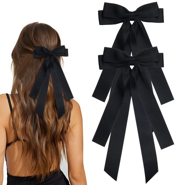 MIKONIKO Bow Hair Clips 2PCS Set for Women and Girls - Black Ribbon Bows for Hair, with Long Tail, Alligator Clip - Perfect Hair Accessories for Parties, Prom, and Weddings (Black)