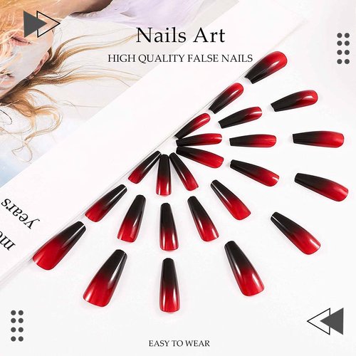 CLOACE Long Coffin Press on Nails Red Ombre Fake Nails Glossy Ballerina False Nails Gradeint Full Cover Acrylic Nails Halloween Party Nails for Women and Girls (Pack of 24)