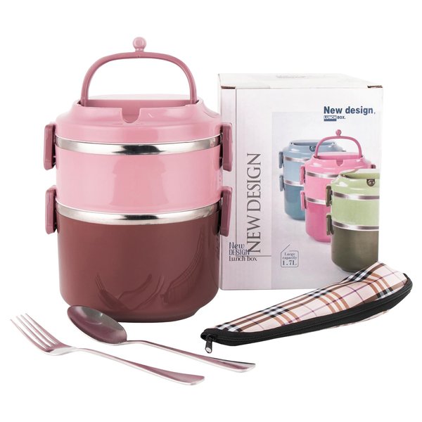 SANQIAHOME 2 Tier Stackable Stainless Steel Lunch Box Sealed(pink, 2 layers)