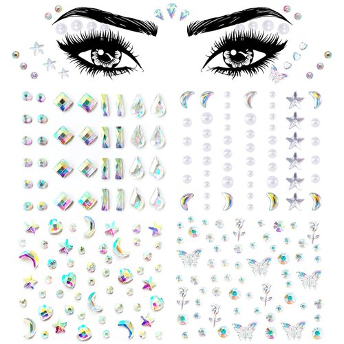 4 Sheets Face Eye Rhinestones Stickers Gems Jewels Rhinestones Self Adhesive Acrylic Pearls Hearts Star Crystal Face Stickers Makeup Tattoos Nail Stickers for Women Girls Halloween Christmas Festival