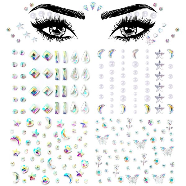 4 Sheets Face Eye Rhinestones Stickers Gems Jewels Rhinestones Self Adhesive Acrylic Pearls Hearts Star Crystal Face Stickers Makeup Tattoos Nail Stickers for Women Girls Halloween Christmas Festival