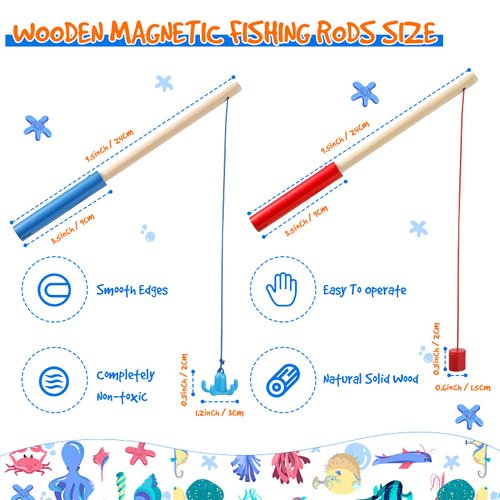 Sumind 6 Pcs Magnetic Fishing Poles Kids Wooden Magnetic Fishing Rods with Magnet Hooks Christmas Fishing Toy Gifts for Boys Girls Fishing Game(Red, Blue)
