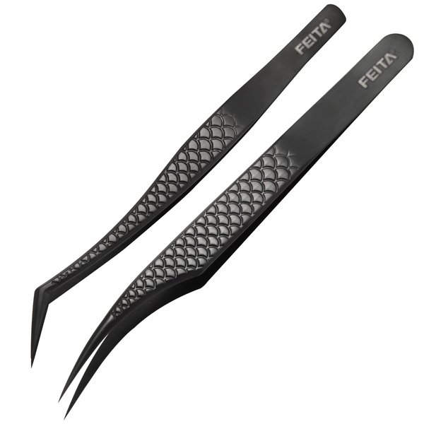 FEITA Diamond Grip Eyelash Extensions Tweezer Lash Precision Tweezers, Japanese Steel Dolphin-shaped & Angled Tip, False Lashes Application Tools, Black 2Pcs