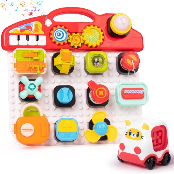 QianShouYan Montessori Busy Board for Toddlers, Music and Light Montessori Toys, Removable Baby Busy Board Early Fine Activity Motor Skills Toddler Busy Board for Boys Girls Birthday Gift