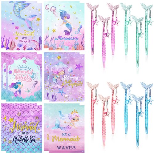 Teling 24 Pcs Elegant Mermaid Pen and Notepad 5 Inches 12 Cute Notepads 12 Black Ink Pen for Birthday Decorations, Party Favors, Kids Girls School Supplies