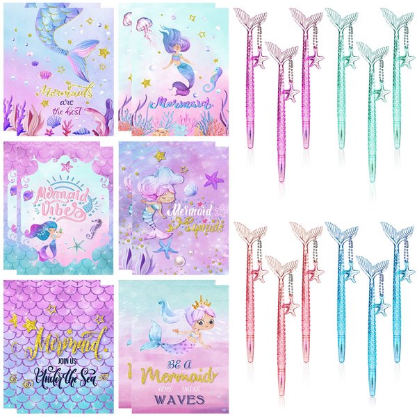 Teling 24 Pcs Elegant Mermaid Pen and Notepad 5 Inches 12 Cute Notepads 12 Black Ink Pen for Birthday Decorations, Party Favors, Kids Girls School Supplies