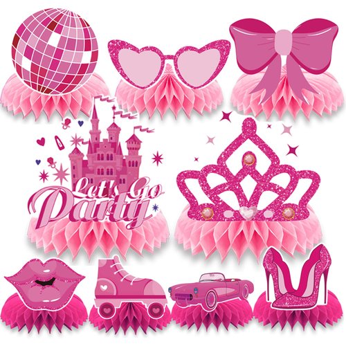 Refavor Hot Pink Party Decorations - 9PCS Pink Birthday Decorations for Party Western Cowgirl Party Table Decorations Pink Honeycomb Centerpiece Decor Pink Princess Bachelorette Party Decoration Girls