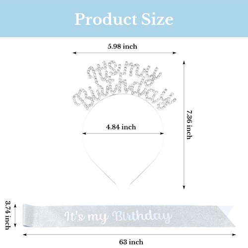 BAHABY Birthday Crowns for Women, It's My Birthday Sash & Birthday Headband Set Princess Birthday Sash and Rhinestone Tiara Birthday Sweet Happy Birthday Accessories for Party- Silver