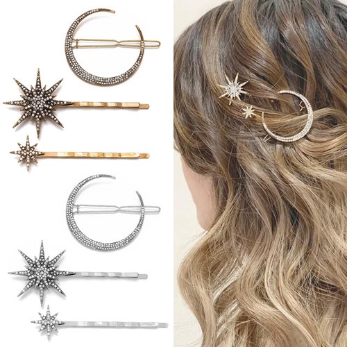 mdgfge 6 Pieces Rhinestone Stars Moon Hair Clips Vintage Star Hairpins Crystal Decorative Bobby Pins Metal Alloy Hair Pins Snowflake Side Clip Hair Accessories for Women Girls (Silver, Gold)