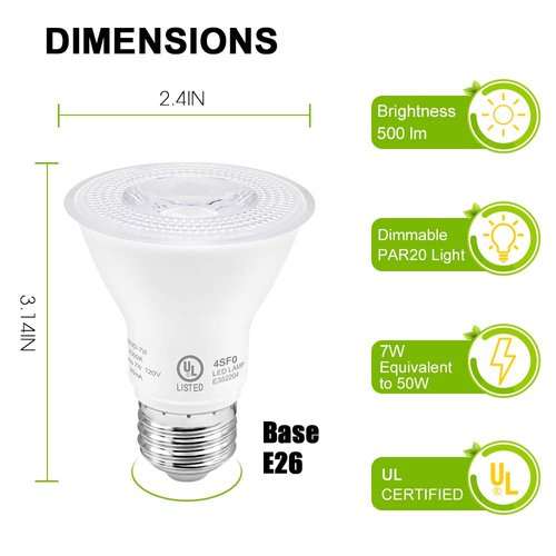 7W Par20 LED Bulb (50W Equivalent), UL Listed, 3000k Warm White Dimmable Flood Bulbs Lights, 500 Lumens, E26 Base, Recessed Lighting for Indoor Outdoor, 6 Pack