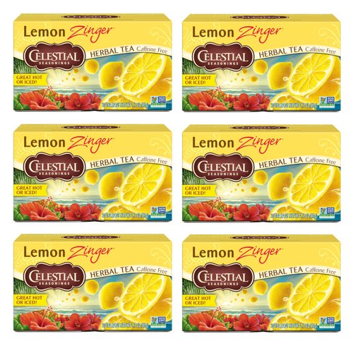 Celestial Seasonings Lemon Zinger Herbal Tea, Caffeine Free, 20 Tea Bags Box, (Pack of 6)