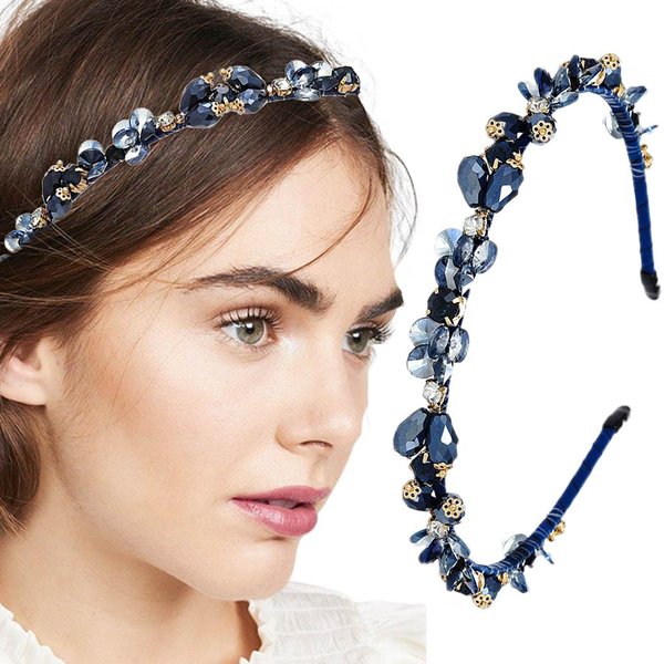 Firuilo Blue Headbands Rhinestones Thin Hair Bands Sparkle Crystal Beaded Head Bands for Women and Girls(Blue)