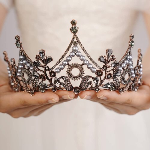JWICOS Baroque Gothic Queen Crown for Women Pearl Wedding Crown Crystal Rhinestone Tiara and Crown Goth Party Accessories for Costume Party Photography (Black)