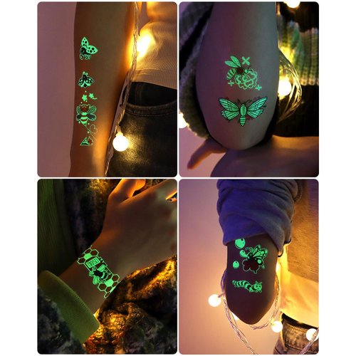 Onogola Glow In The Dark Insect Temporary Tattoos for Kids, 12 Sheets Luminous Butterfly Ladybird Bees Ant Fake Tattoo Stickers for Boys Birthday Party Favors Supplies Goodie Bag Fillers Gifts