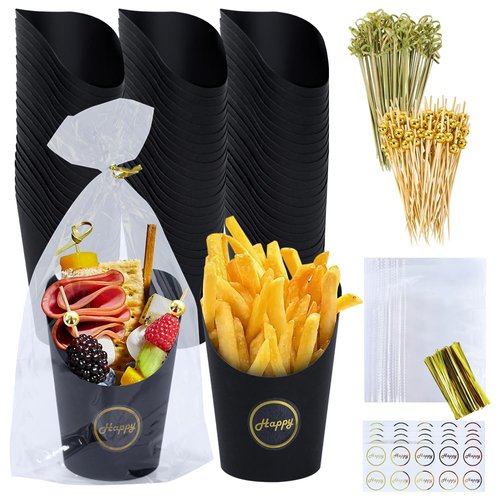 50 Sets 14oz Disposable Charcuterie Cups with 200 Sticks, 50 Bags & 50 Stickers | Eco-Friendly Snack Holders for French Fries, Fruits, Desserts | Birthday Wedding Party Supplies （black）