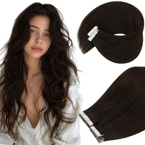 Ve Sunny Invisible Tape in Hair Extensions Human Hair Darkest Brown Tape on Hair Extensions Brown Human Hair Extensions Tape in Darkest Brown Glue in Hair Extensions 50g 20pcs 16inch