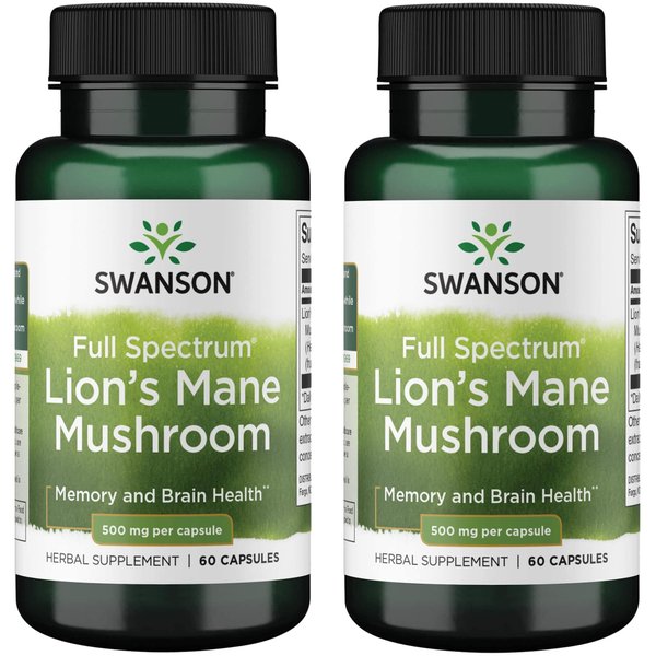 Swanson Lion's Mane Mushroom Capsules - 500 mg Each, 60 Capsules - Herbal Supplement Supporting Cognitive Function (2 Pack)