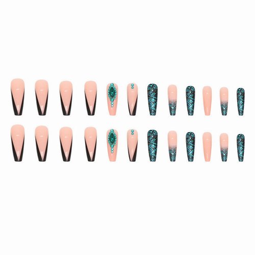 MISUD Long Coffin Press on Nails Ballerina Fake Nails Glossy Glue on Nails Black French Tip Acrylic Nails Green Bling Glitter Artificial Nails 3D Rhinestone Stick on False Nails with Design 24 pcs
