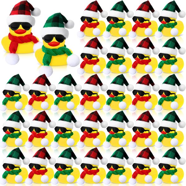 Syhood 48 Sets Christmas Mini Rubber Duck Bulk with Sunglasses Scarf Hats and Adhesive Dots Duckies Bath Toy Xmas Decor for Christmas Winter Gift Cruise Birthday Party (Plaid Hat)