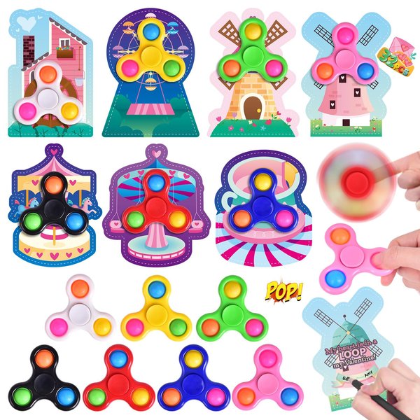 FUN LITTLE TOYS 32PCS Valentines Cards Gift with Fidget Finger Spinner POP, Valentine's Day Kids School Classroom Stress Relief Hand Finger Spinner Fidget Toy Exchange Party Favor