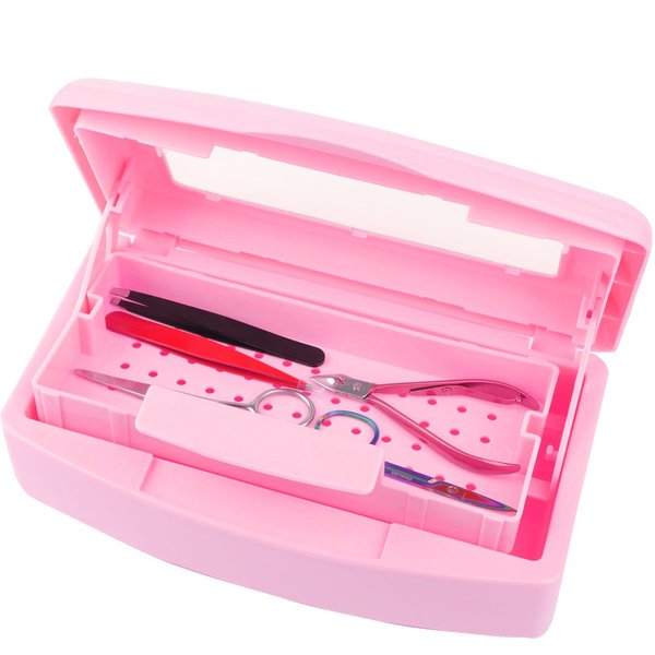 LXIANGN Nail Art Tool Sterilizer Tray,Plastic Clean Sterilizing Box Storage Organizer for Nail,Tweezers,Hair Salon,Spa & Cutter Manicure Equipment (Pink)