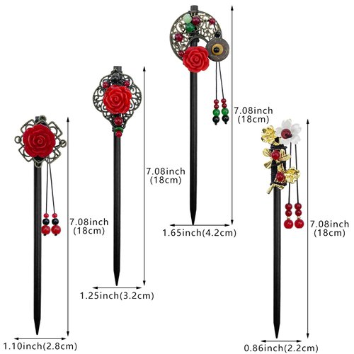 4 Pack Chinese Wooden Hair Stick for Buns Retro Hair Chopsticks Red Flower Beads Styling Vintage Tassel Hair Stick Hair Accessories for Women and Girls Thin Hair (Red)