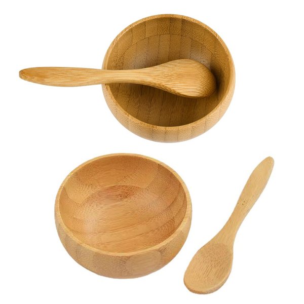 2 Sets Cute Mini Mask Bowl with Spoon Eco Bamboo Mask Mixing Bowl and Spoon Facemask Bowl Mud Mask Mixing Bowl DIY Skin Care Mixing Tool Kit for Lady Women Home Beauty Salon Use, 2.6" x 1.2"