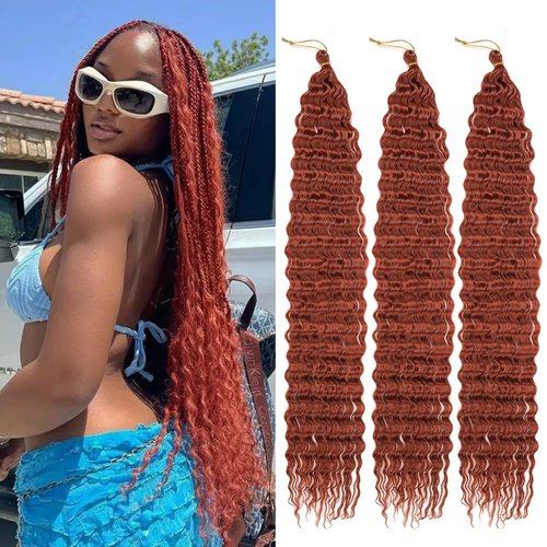 ZRQ Ocean Wave Crochet Hair 24 Inch 3 Packs Deep Wave Crochet Hair Copper Red Deep Wave Braiding Hair Curly Synthetic Ginger Deep Twist Crochet Hair Extensions #350