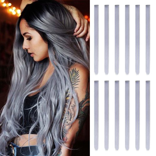 12 Pcs Colored Clip in Hair Extensions 22 inch Rainbow Long Straight Hairpieces Synthetic Colorful Hair Piece Multi-colors Hair Extensions Party Highlights Extension for Kids Girls （Grey）
