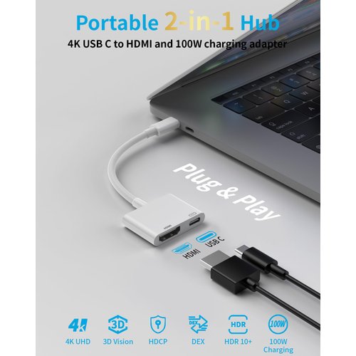 USB-C to HDMI Adapter for iPhone 16 15 MacBook iPad, 4K@60Hz Type C to HDMI Adapter with 100W PD Multiport Digital AV Converter for Galaxy, Pixel, Tablets, Switch, Laptop to HDTV Projector Monitor