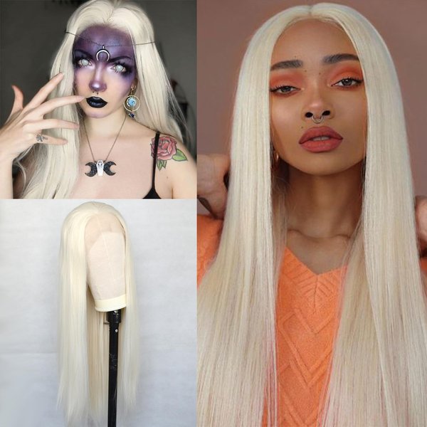 Luwigs Platinum Blonde Lace Front Wigs Synthetic Light Blonde Long Straight Natural Half Hand Tied Replacement Wigs for Women Heat Resistant 22inches