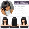 12 Inch Straight Bob Wig with Bangs Human Hair Ready to Go Glueless Wigs 2.5x1 Closure HD Lace Layered Cut Wig Bob Short Wigs with Bangs Minimalism for Women 180% Density