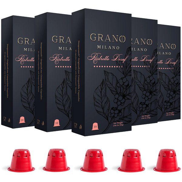 Grano Milano Coffee Pods Ristretto Decaf - 50 Coffee Capsules Medium Roast - Intensity 10/12, Compatible with Nespresso* Original line Made in Italy Espresso Coffee